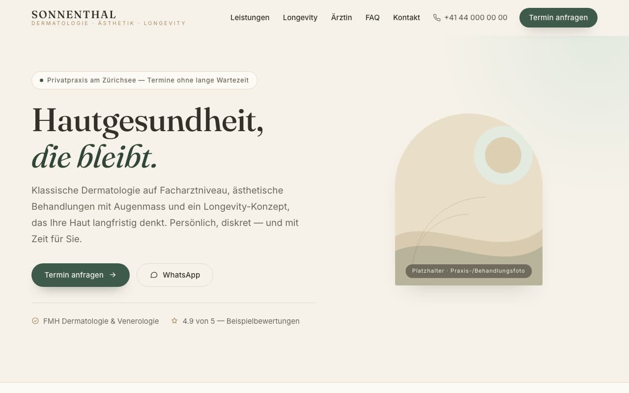 Startseite der Beispiel-Website für eine dermatologische Praxis