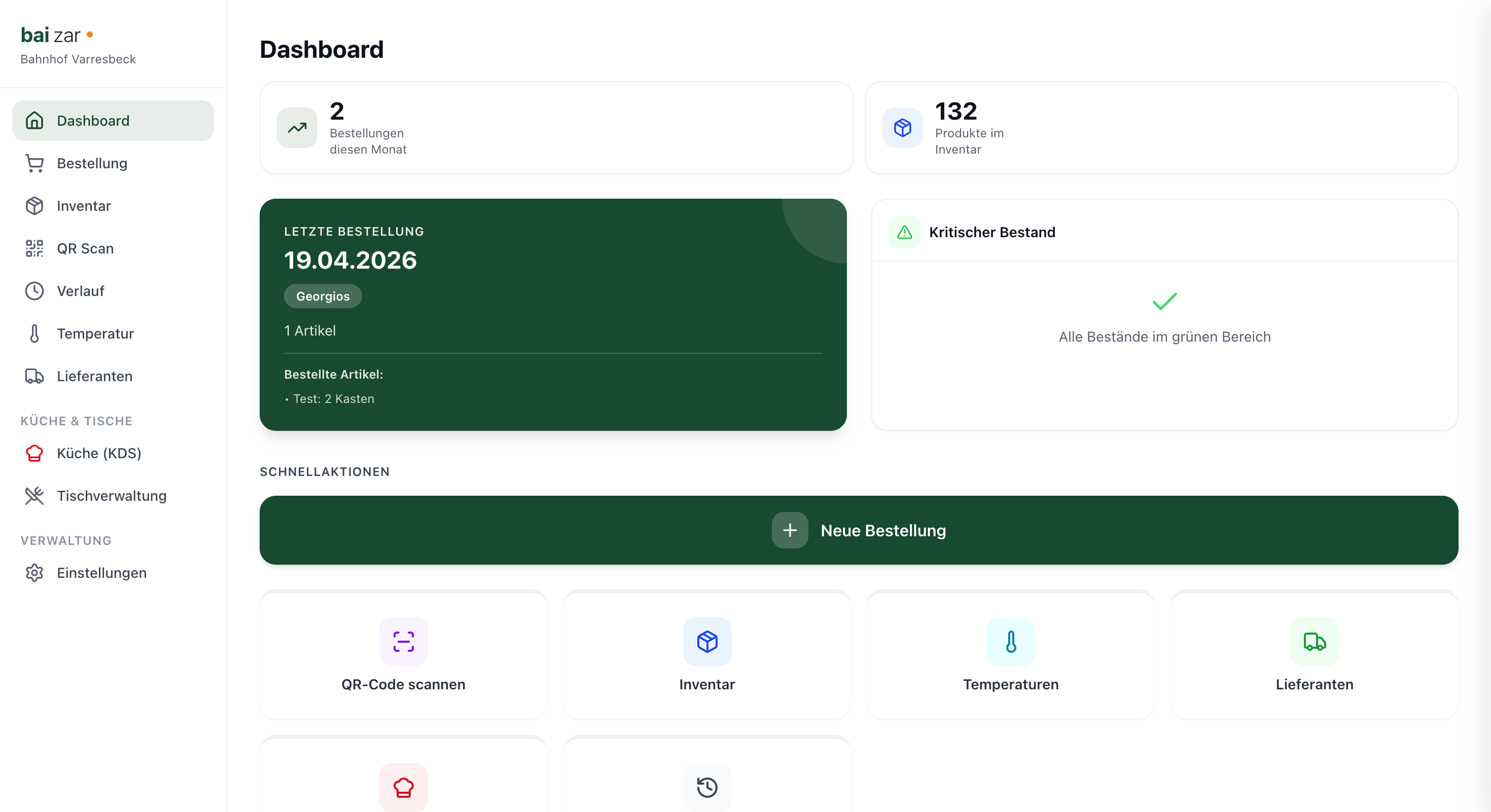Baizar – Dashboard der Gastronomie-SaaS-Plattform