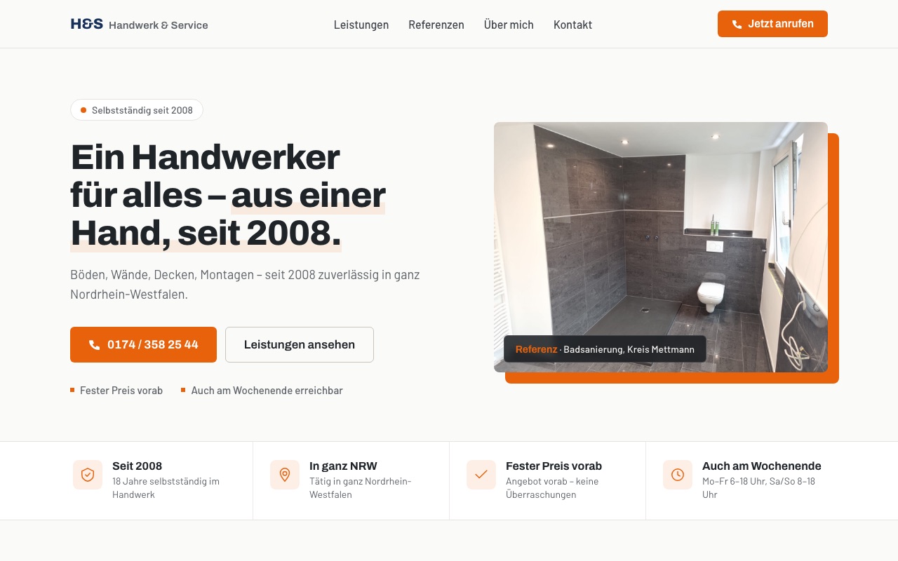 Startseite der Website von H&S Handwerk & Service